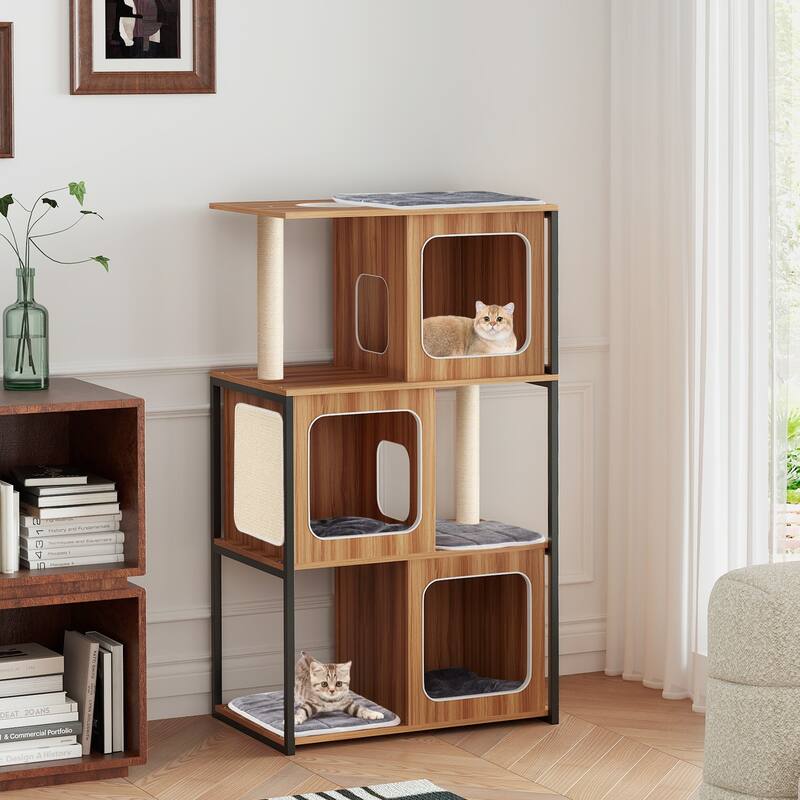 Natural Gray Black Multi-Level Cat Tree Sisal Plush with Condos