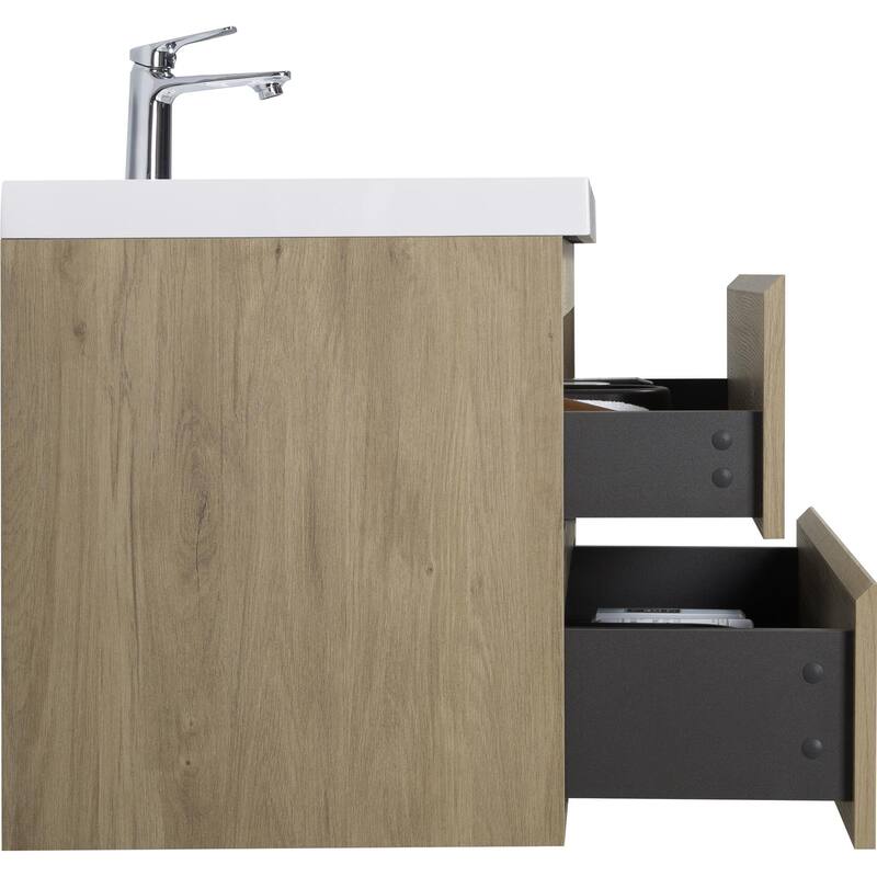 35.5-Inch Floating Bathroom Vanity with Glossy Resin Sink, Ash Grey Color, Wall-Mounted Design, 2 Drawers