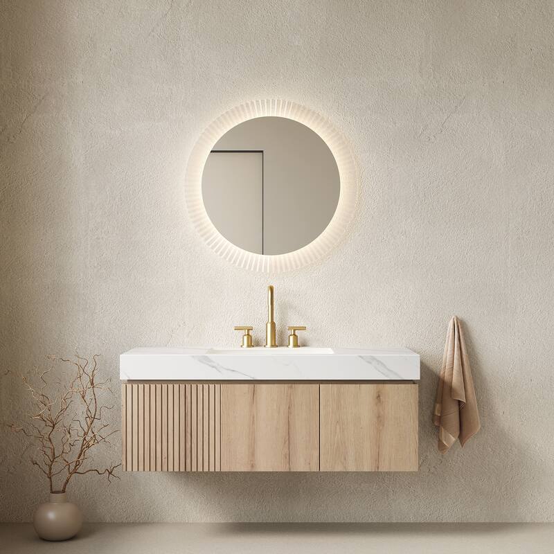 Floating Bathroom Vanity with Sintered Stone Top & Undermount Ceramic Basin with Three Pre-drilled Faucet Holes - 47.64'' x 18.9'' x 17.72'' - White Oak and Carrara White