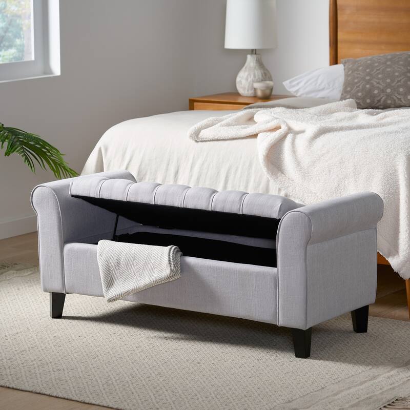 Refined Light Grey Ample Storage Storage Bench with Rolled Arms