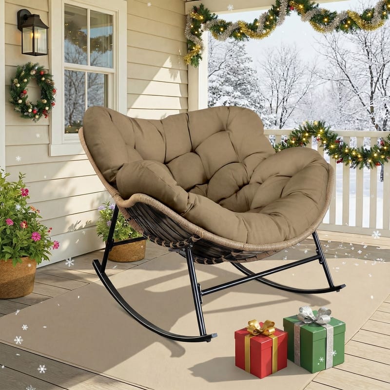 FINCATI Outdoor Royal Rocking Papasan Chair, Luxury Cozy Outdoor Rocking Chair, 450 lbs Indoor Extra Large Recliner Chair - 1 PC-Brown