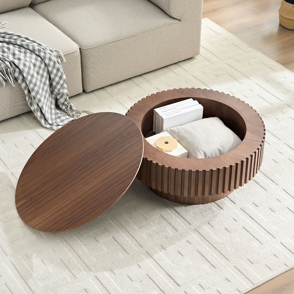 31.5" Round Wood Coffee Table with Storage, Modern Handcraft Drum Coffee Table, Stylish Circle Wooden Center Table