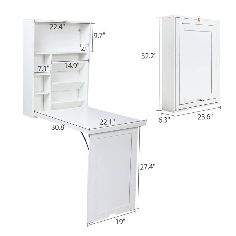 Modern Wall Mounted Folding Desk with Storage Compartments and Lock Catch for Small Home Office and Bedroom