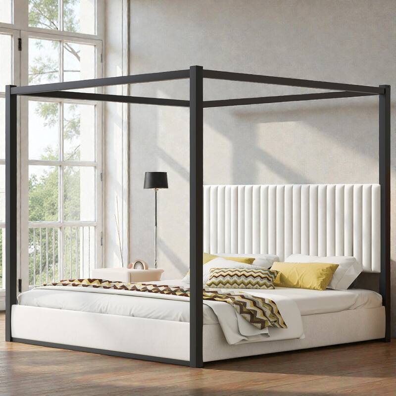 Upholstered Canopy Platform Bed with Headboard, Metal Frame Queen King Bed, No Box Spring Needed - Black - King