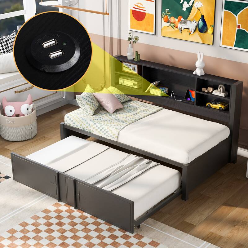 Roomfitters Twin Metal Daybed with Trundle, USB Charging Ports and Integrated Storage Shelves