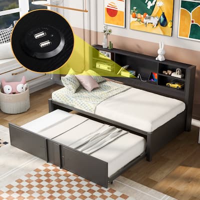 Twin Size Daybed with Trundle and USB Ports, Metal Frame with Storage Shelves
