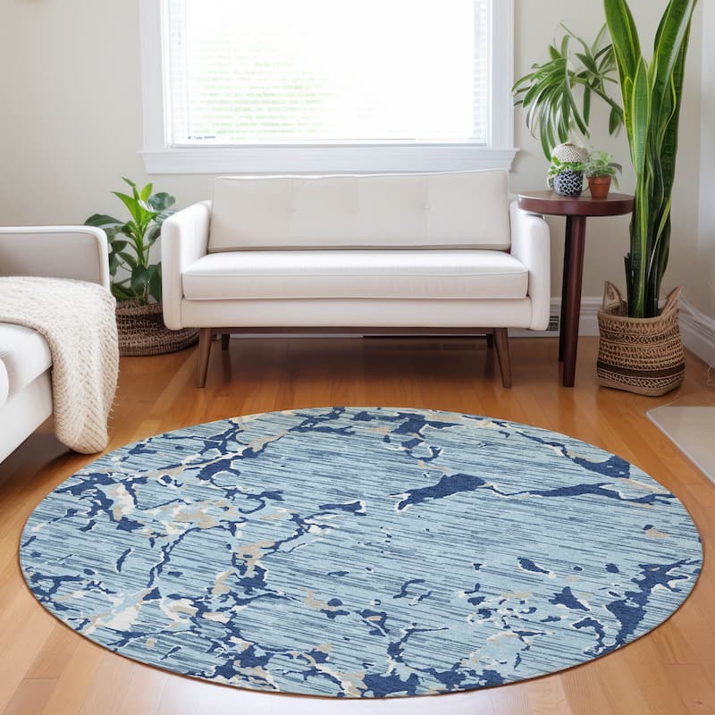 Machine Washable Indoor/ Outdoor Abstract Camo Chantille Rug - Denim - 8' x 8'