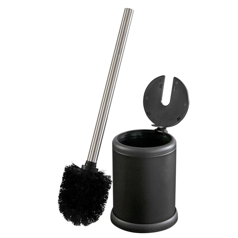 Bath Bliss Self Closing Lid Toilet Brush and Holder in Stainless Steel - 4.5" Rdx 15.4" - Black