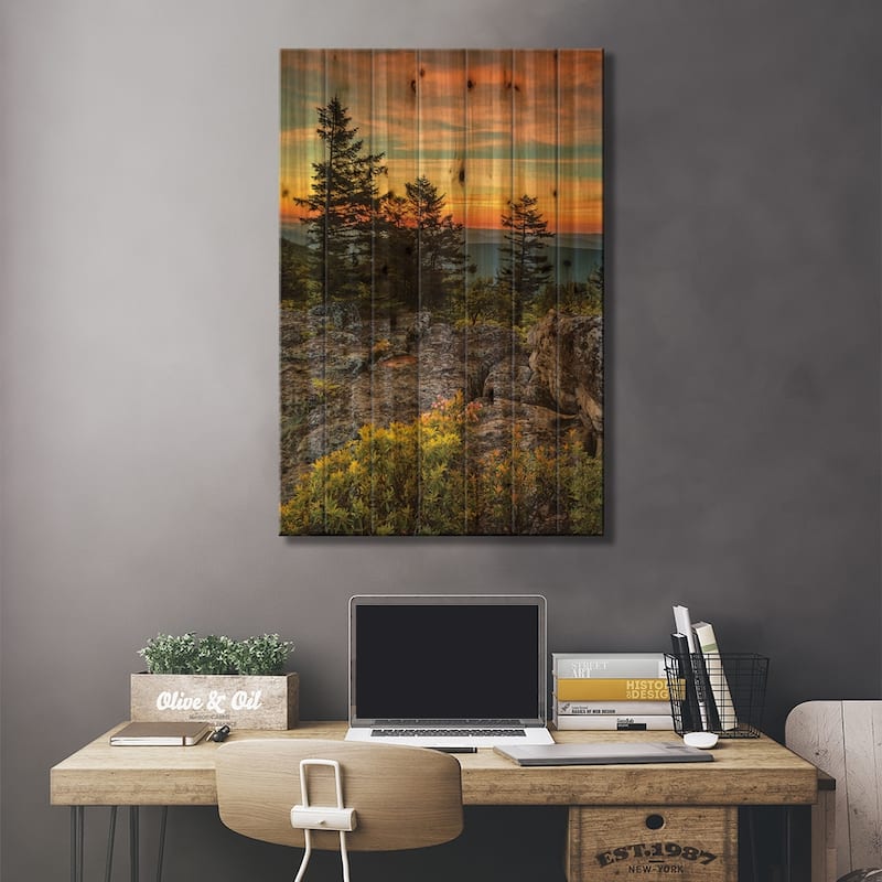 USA, West Virginia, Blackwater Falls State Park. Tree and landscape at sunset. Print On Wood by Jaynes Gallery - Multi-Color