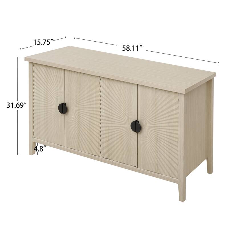 58" Carved Wood Grain Sideboard Storage Cabinet with Adjustable Shelf and Semi-Circular Handles for Dining or Coffee Bar Use