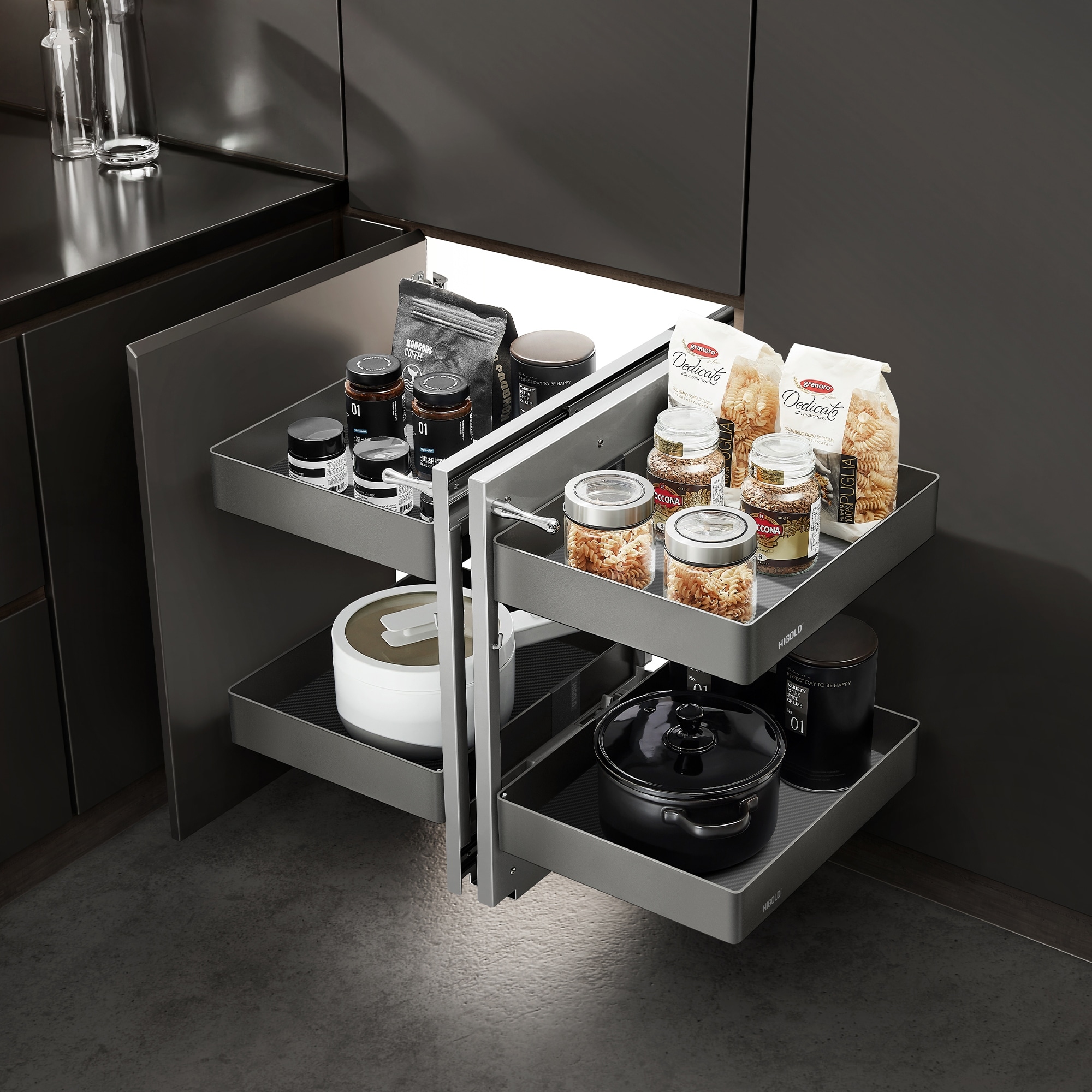 HIGOLD Kitchen Blind Corner Cabinet Pull Out Organizer with 4 Aluminum Baskets, Soft Close - For 31.5" Cabinet