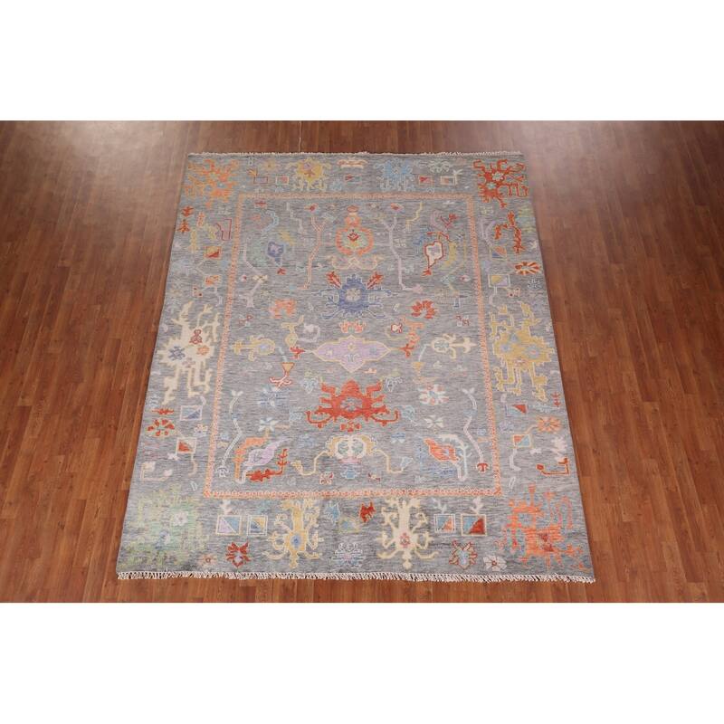 All-Over Gray Floral Oushak Indian Area Rug Hand-Knotted Wool Carpet - 7'10"x 9'8"