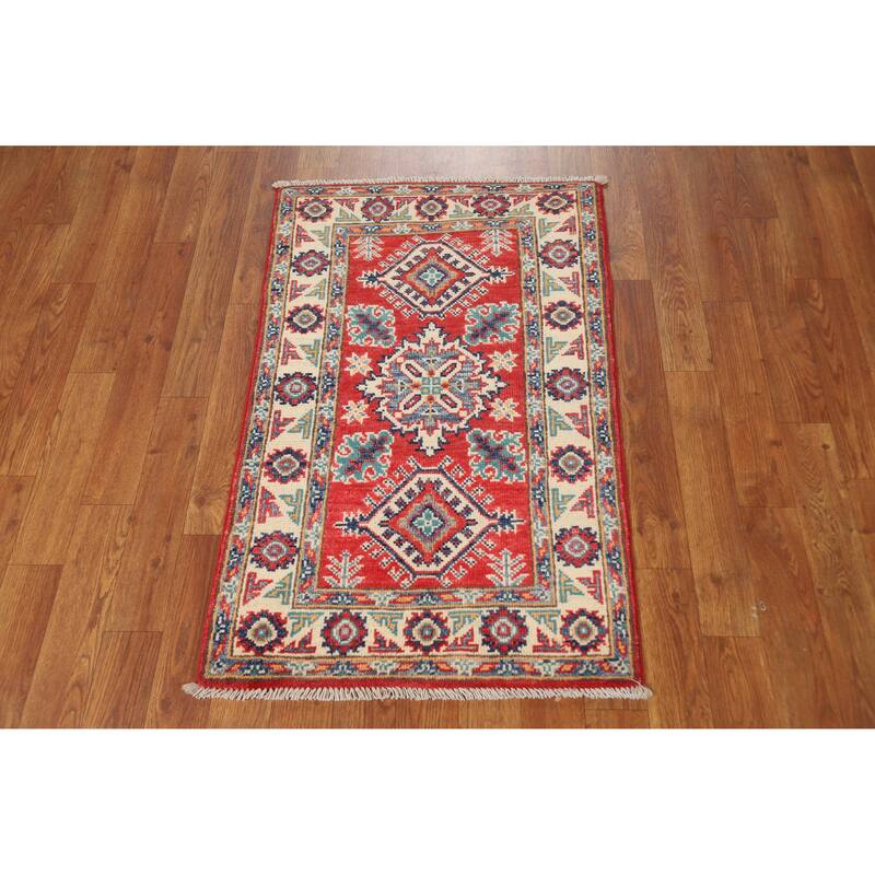 Red Geometric Kazak Accent Foyer Rug Hand-Knotted Wool Carpet - 2'0"x 3'0"