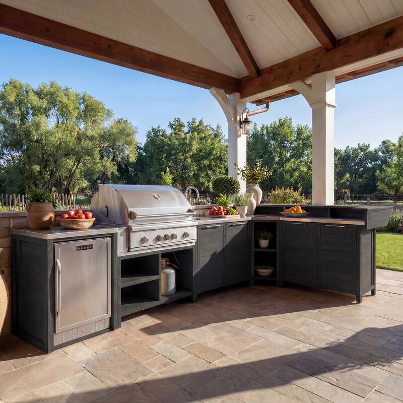 Modular Outdoor Kitchen Cabinet Set 100% Solid Wood Patio BBQ Island with Stainless Steel Countertop - Black