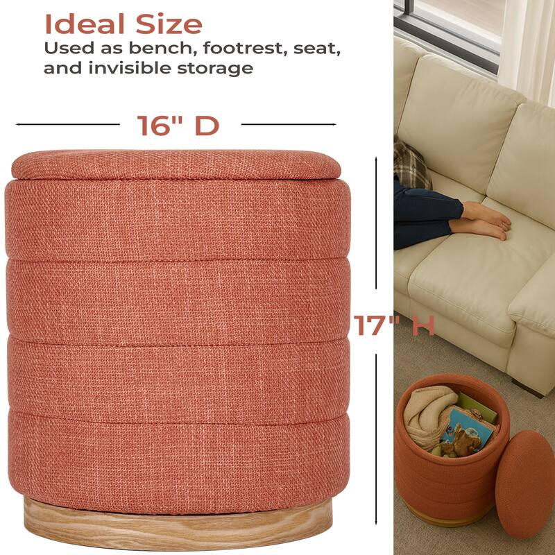 Modern Cylinder Ottoman with Hidden Storage Linen Upholstery Seat