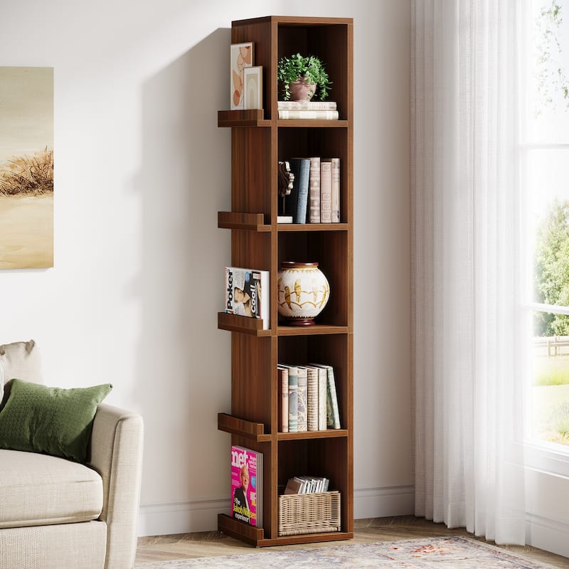 70.9 Inches 5-tier Tall Narrow Bookcase for Home Office - 11.8"D x 13.8"W x 70.9"H - Walnut
