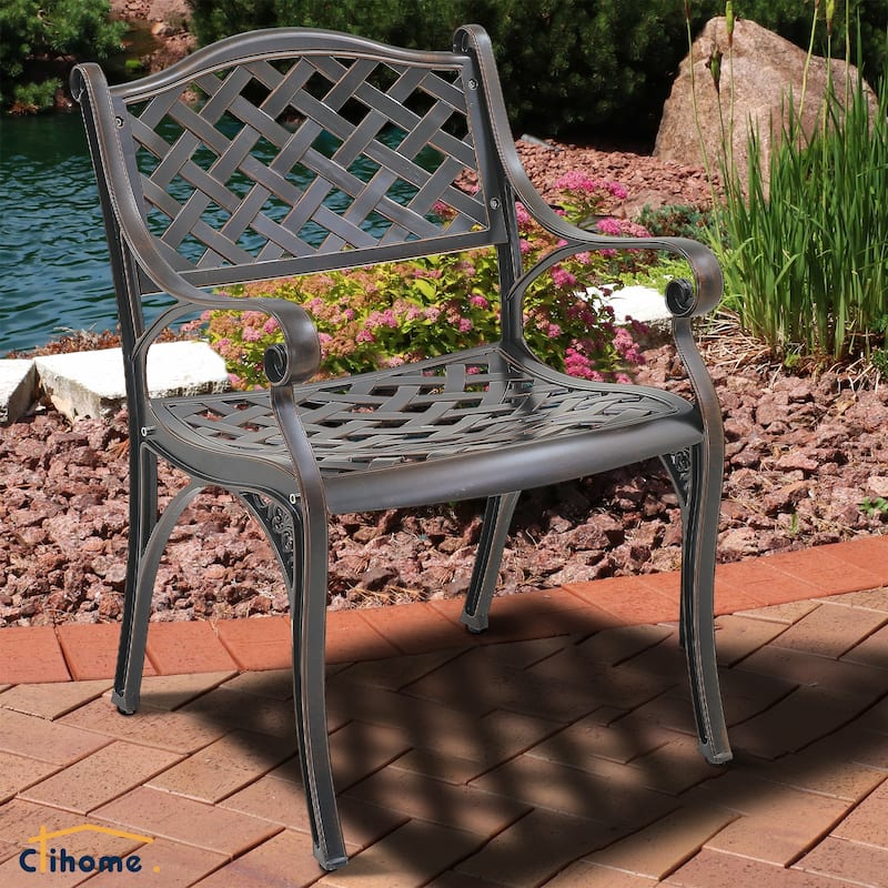 Clihome Outdoor Cast Aluminum Arm Dining Chair (Set of 2) - Brown
