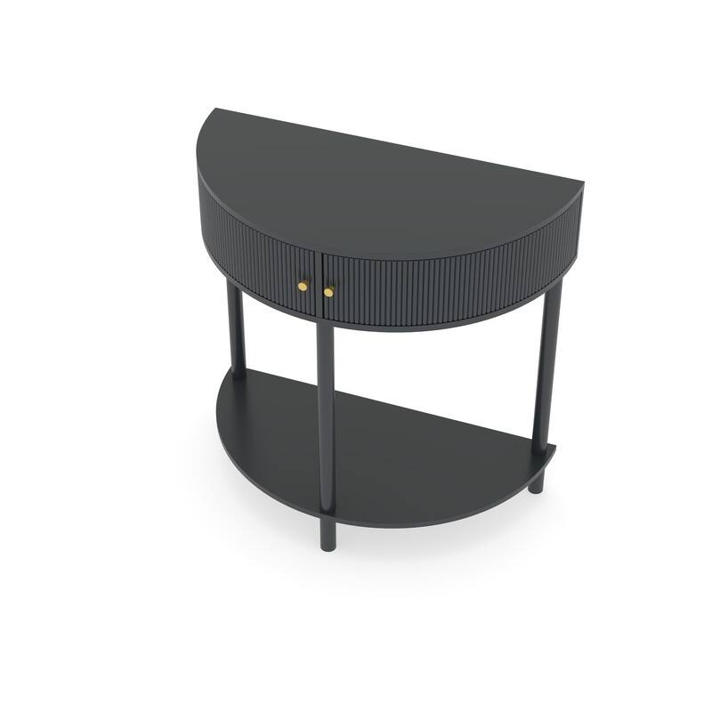 Half Moon Rattan Console Table - Curved Entryway Table with 2 Drawers and Shelf