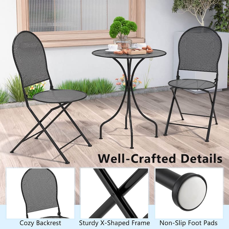Costway 3 PCS Metal Bistro Set Round Table & 2 Folding Chairs with