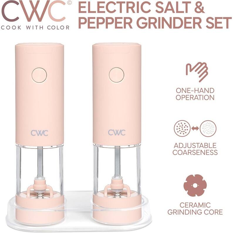 COOK WITH COLOR Electric Pepper & Salt Shaker Set, 2 Grinders for Pepper and Salt, 6.3 x 3 x 7.7 Inches, Cream