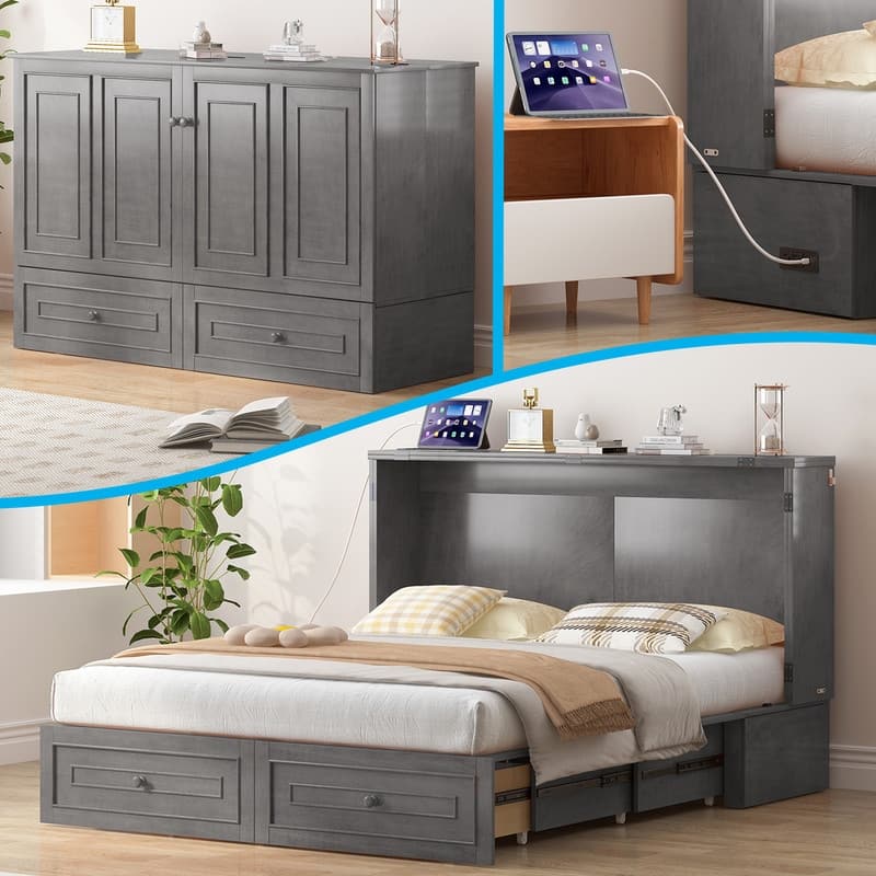 Mixoy Queen Modern Murphy Bed Chest with Mattress and Storage Drawer - Grey - Queen