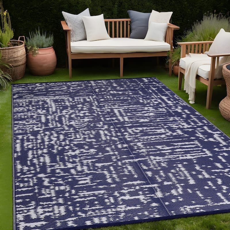 Beverly Rug Reversible Mats Plastic Outdoor Rug for Camping, Patio, Backyard, RV, Picnic, Deck - 5 x 7 - Ohio-Blue