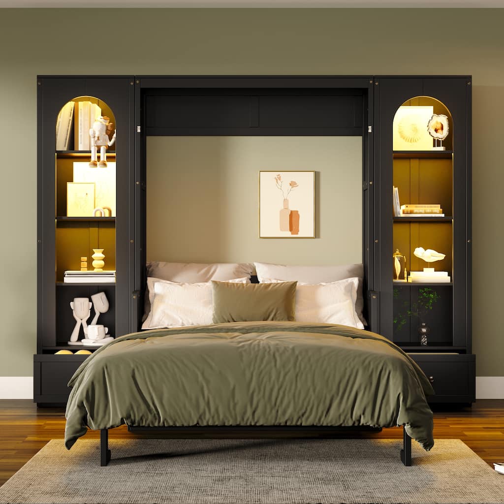 Murphy Bed Queen Size Bookcase Bed Platform Bed with Side Cabinets and 2 Drawers, Elegant French Folding Bed LED Wall Bed