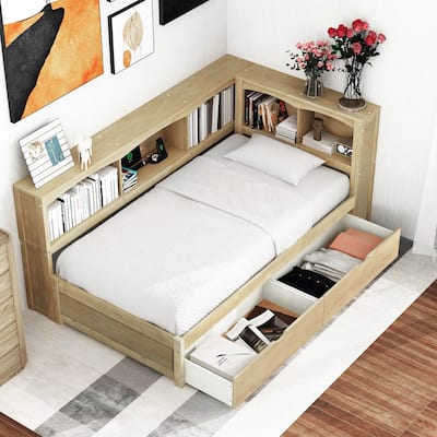 Roomfitters Twin Daybed with Two Drawers and Storage Cabinets, Natural