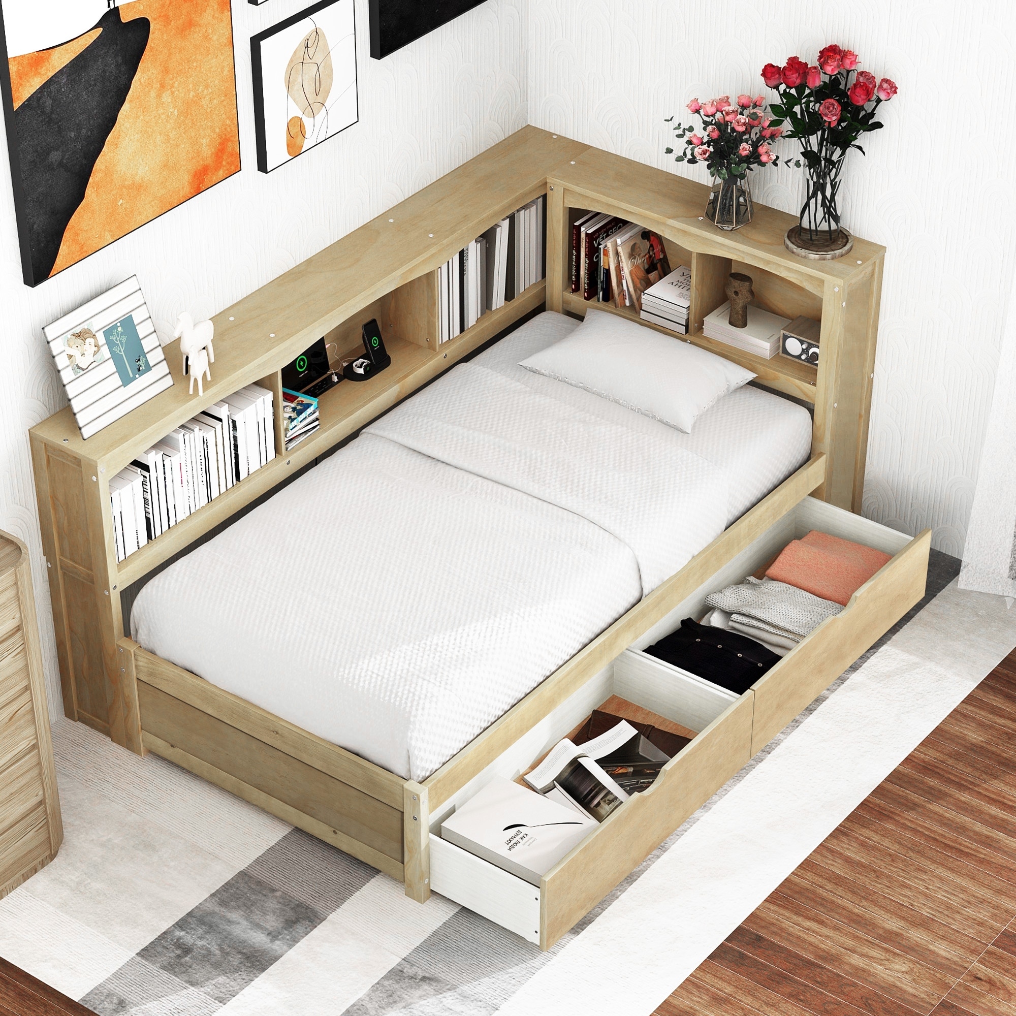 Twin Size L-Shaped Daybed with 2 Storage Drawers and USB Ports, Wood Daybed Frame Sofa Bed with Storage Shelves