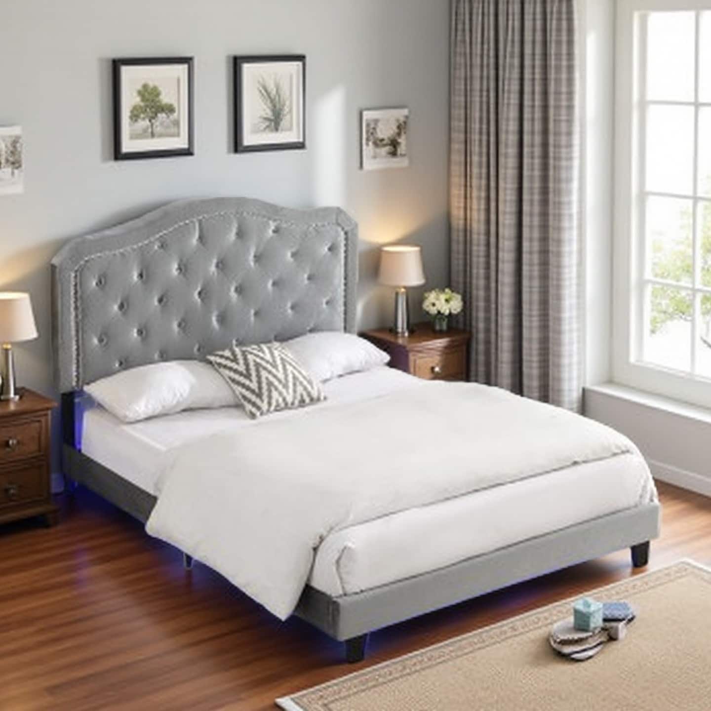 Queen Size Upholstered Platform Bed with Button Tufted Curved Design, LED Lights, and Strong Wood Slat Support