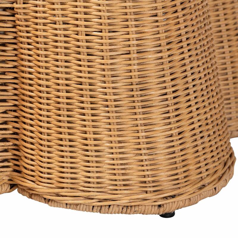 Palm Scallop Natural Rattan Ottoman with Cushion - Handwoven Wicker Bench for Living Room or Bedroom, Coastal Boho, Rectangle