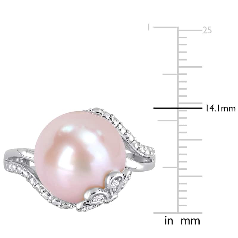 Miadora 12-12.5mm Button-Shaped Pink Cultured Freshwater Pearl and Diamond Accent Flower Split-Shank Ring in Sterling Silver