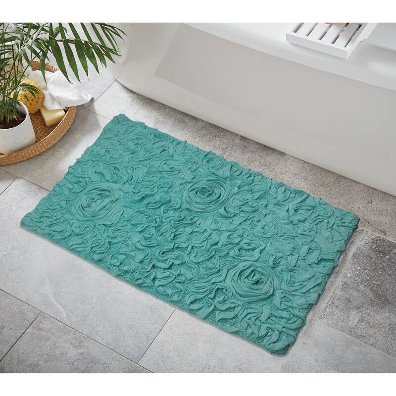 Bell Flower Bathroom Rug, Cotton Soft, Water Absorbent Bath Rug, Non Slip Shower Rug Machine Washable 24"x40" Rectangle - Turquoise