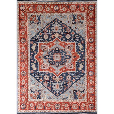 Blues & Orange Heriz Serapi Indian Area Rug Hand-Knotted Wool Carpet - 7'7" x 9'11"