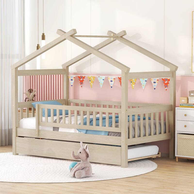 Space-Saving Twin House Bed with Trundle, Imaginative Design for Kids Room