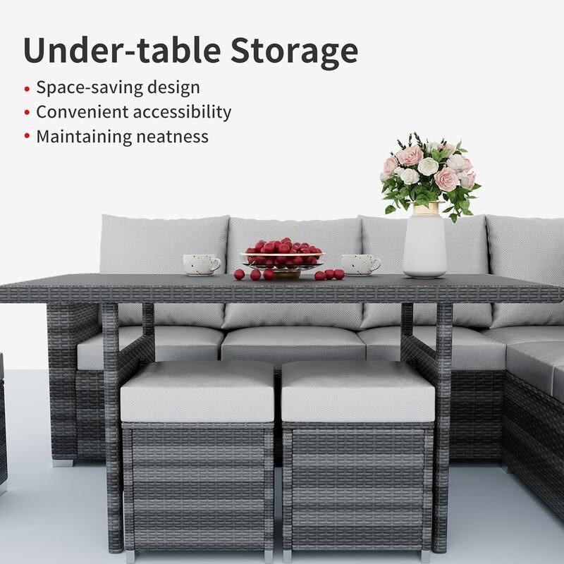 7-Piece Outdoor Patio Sectional Sofa Set with Dining Table – All-Weather PE Wicker Conversation Set
