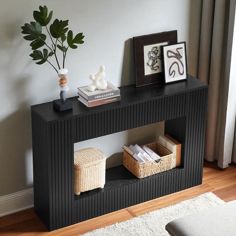 55" Modern Slatted Console Table, Narrow Entryway Table with Ash Veneer for Hallway or Foyer