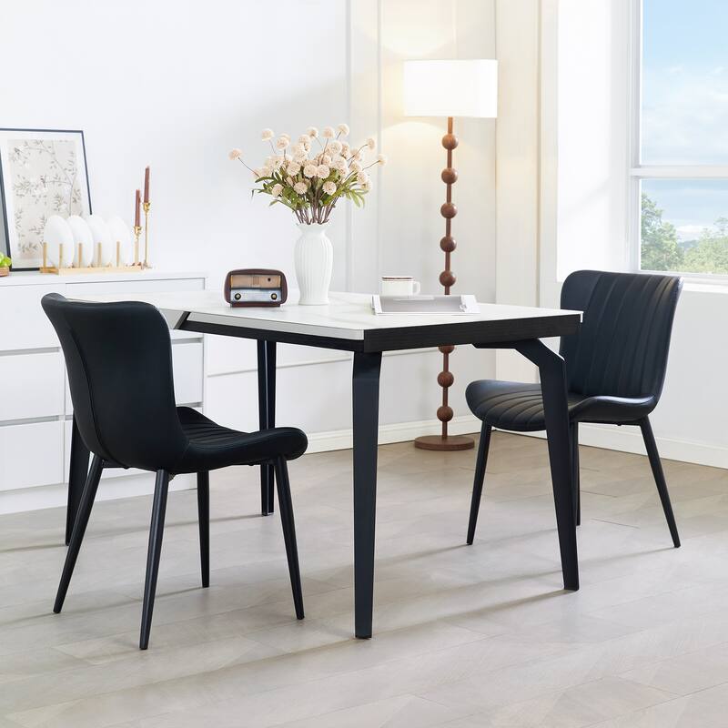 Pair of Cream White Mid-Century Modern Dining Chairs with Faux Leather Upholstery‌ - Black