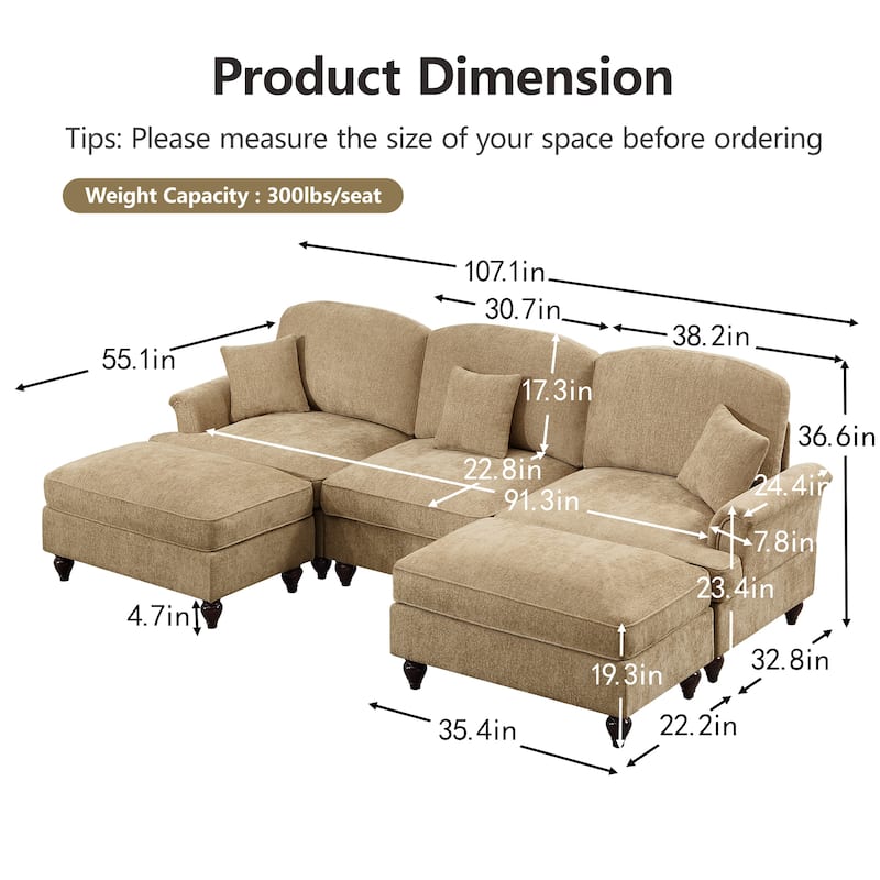 GDFStudio - Classic Modular U-Shaped Chenille 107" Sectional Sofa with Ottomans