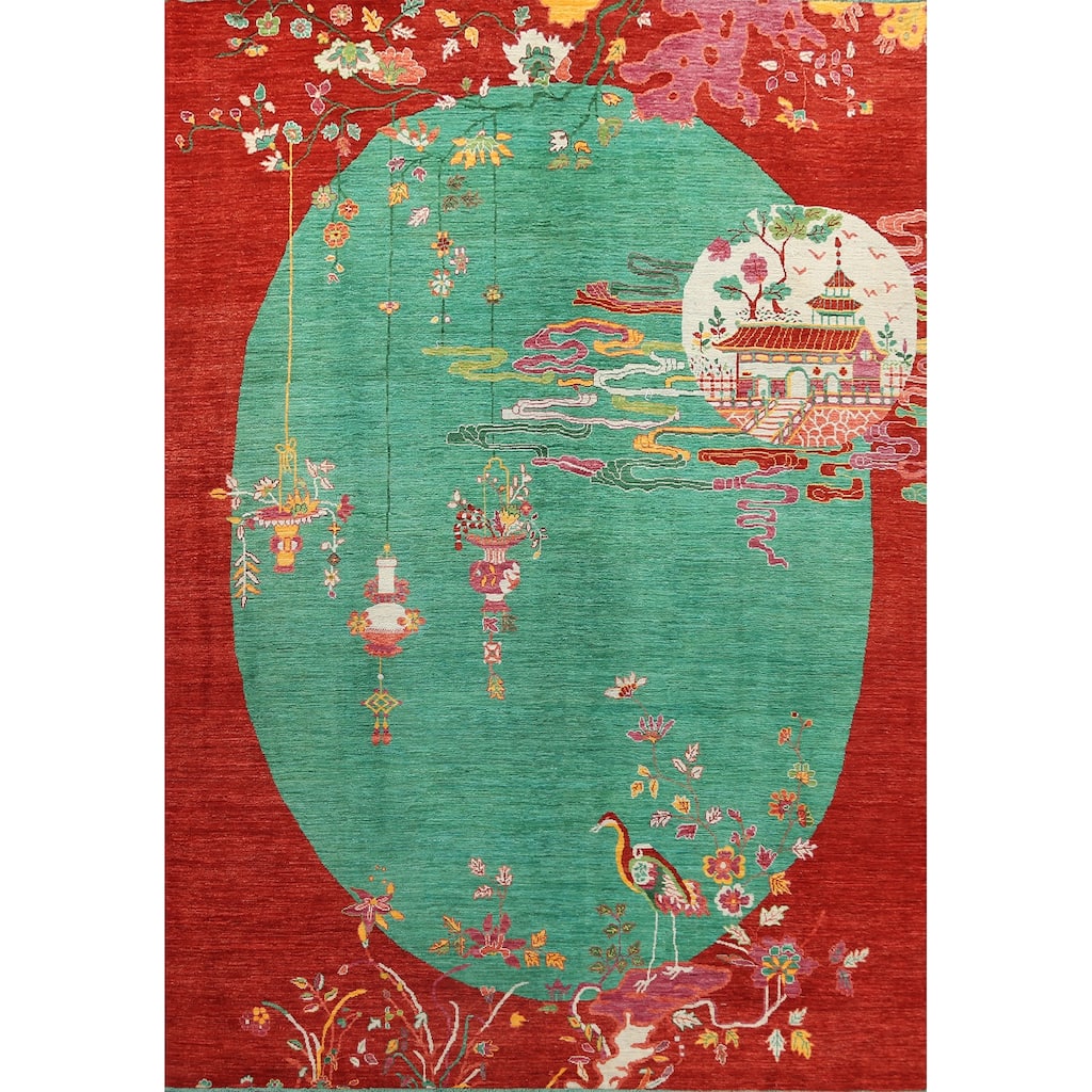 Vegetable Dye Animal Pictorial Art Deco Area Rug Handmade Wool Carpet - 10'3" x 13'7"