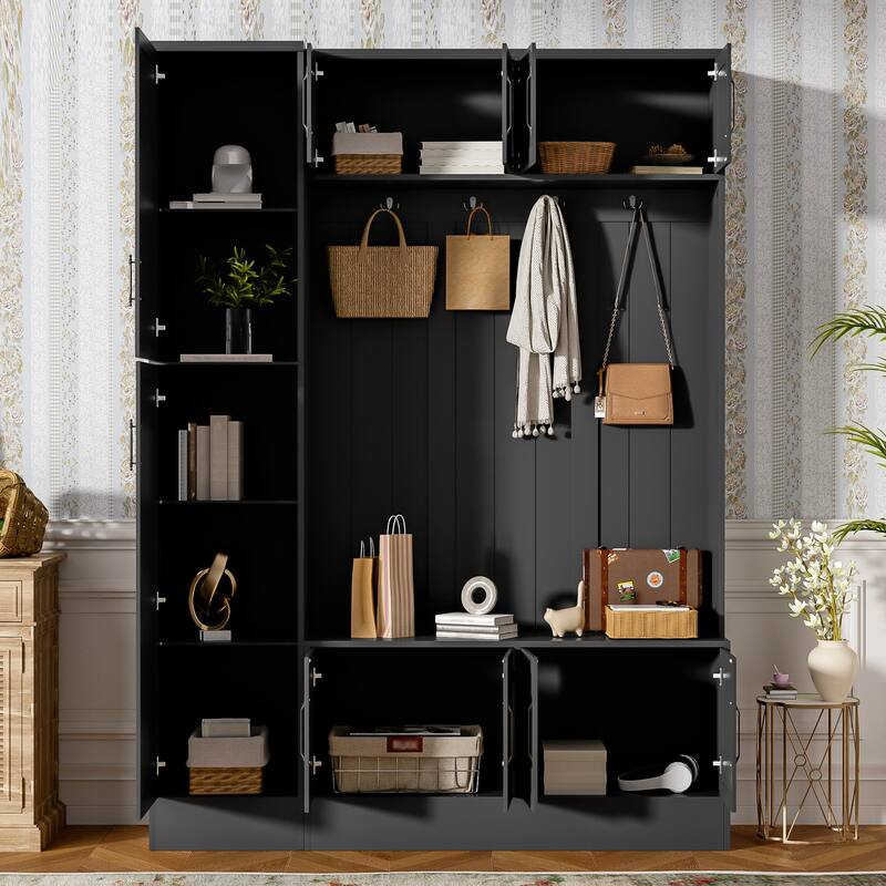 79" Tall Modern Hall Tree with 6 Cabinets, 4 Coat Hooks & Adjustable Shelf - 4-in-1 Entryway Storage Bench