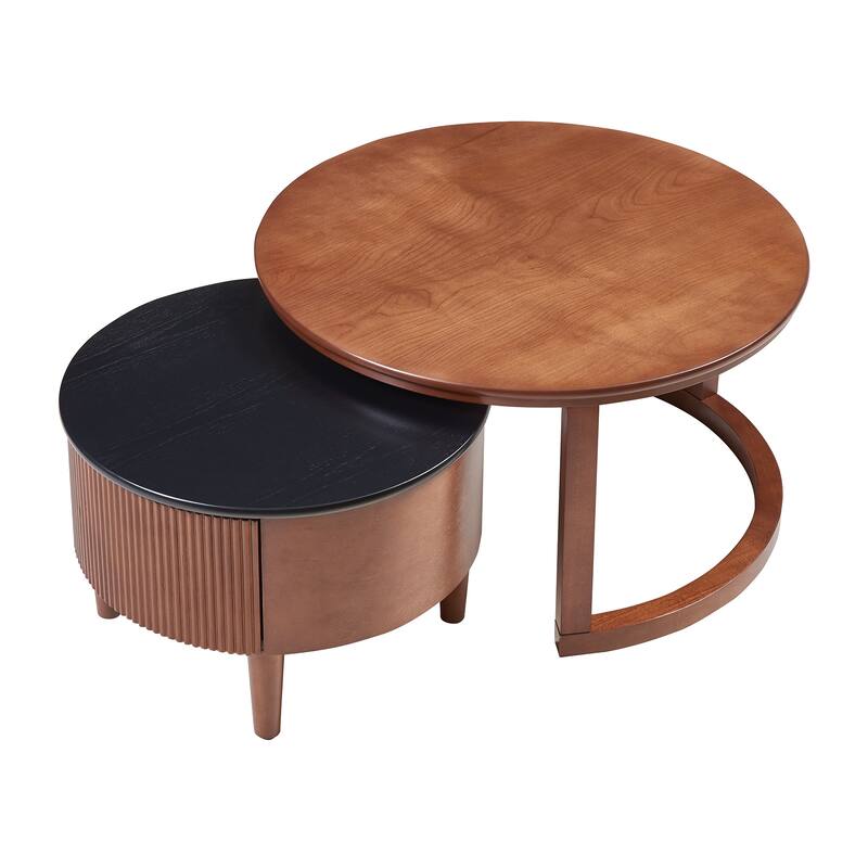 Round Nesting Coffee Table Set, Rustic Wood Sofa Side Tea Tables Center Tables with Drawer, Accent Table for Living Room, Office