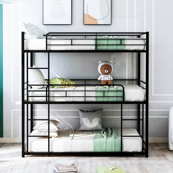 slide 2 of 34, Metal Triple Bunk Bed with Built-in Ladders, Convertible into Platform Bedframe for 3 Kids Teens Adults, No Box Spring Required Black - Twin