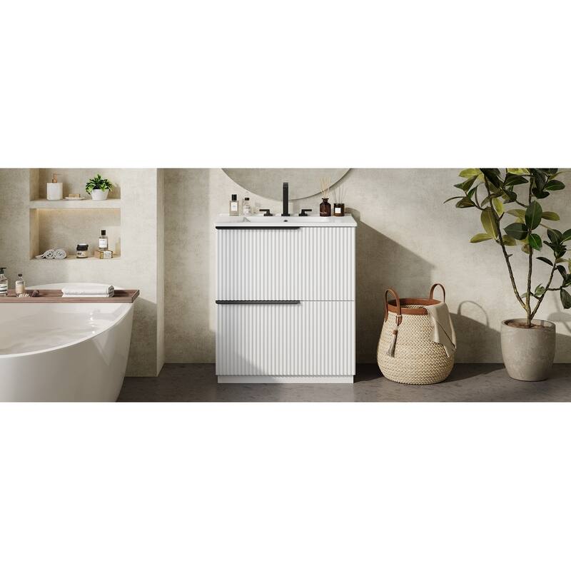 Fluted Bathroom Vanity with Ceramic Sink, Freestanding Vanities Set, Bathroom Storage Cabinet with Full-Extension Drawers