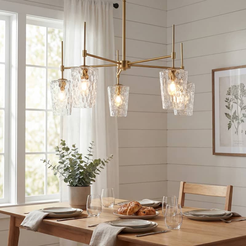 5-Light Modern Gold Chandelier with Ripple Glass Shades, Adjustable Height - Gold