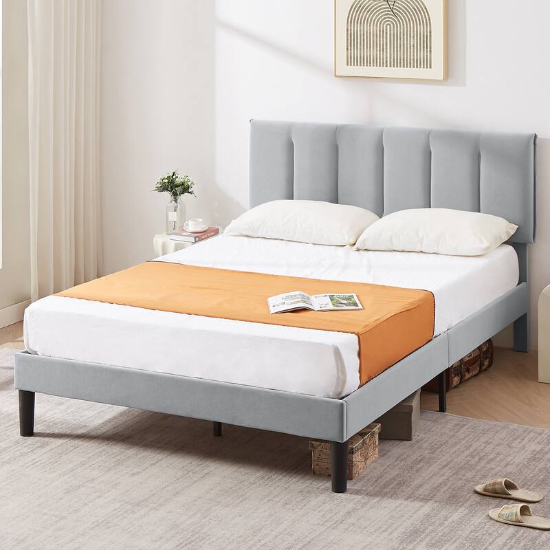 Javlergo Velvet Upholstered Platform Bed Frame with Adjustable Headboard