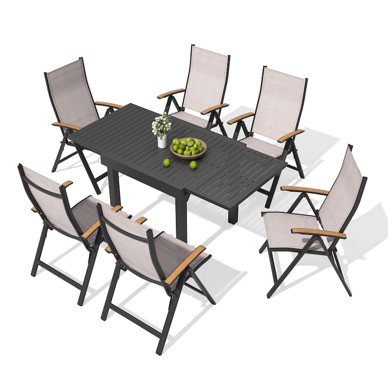 5/7/9/11-Piece Outdoor Patio Aluminum Expandable Rectangle Dining Table with Folding Chairs Set - Espresso - Set of 7