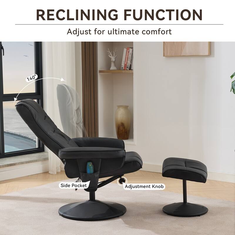 Recliner Chair with Ottoman - 360° Swivel Massage Lounge Chair with 5-Point Vibration & Heated Seat, 140° Adjustable PU Recliner