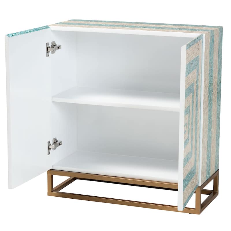 Utari Modern Bohemian Two-Tone Beige and Blue Mother of Pearl and Gold Metal Storage Cabinet
