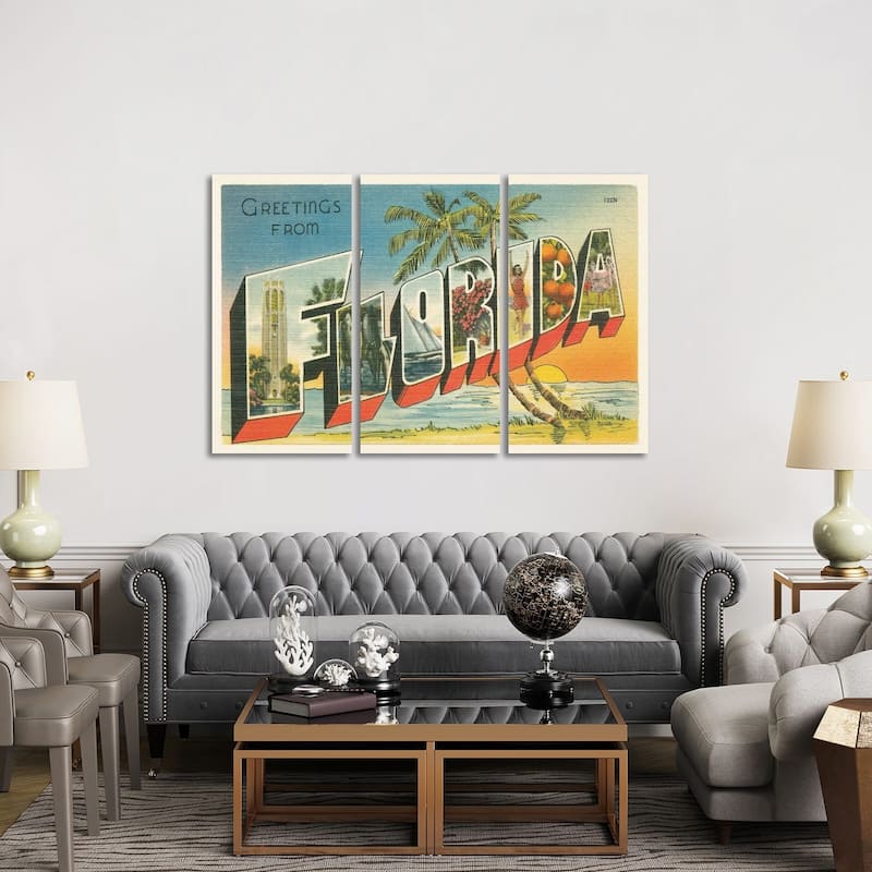 iCanvas "Greetings from Florida v2" by Wild Apple Portfolio 3-Piece Canvas Wall Art Set - 40x60x1.5